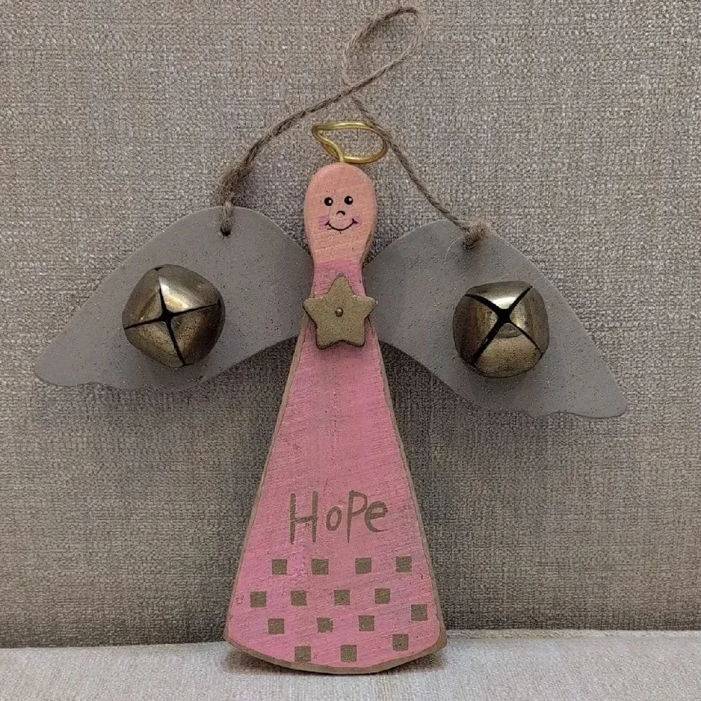 Hand Crafted Wooden Pink Hope Angel Ornament Wall Hanging with Bells